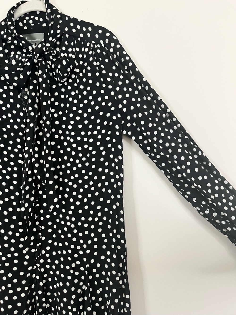 Anthropologie Polka Dot Tie Neck Mini Dress Black White Ruffle Size S Parisian - Picture 8 of 14